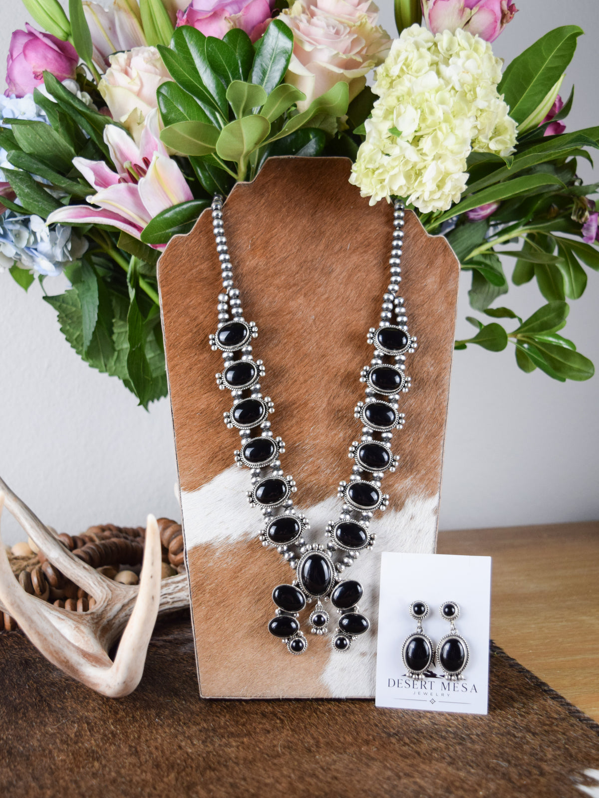 The Suzie Black Onyx Squash Blossom Necklace and Earrings