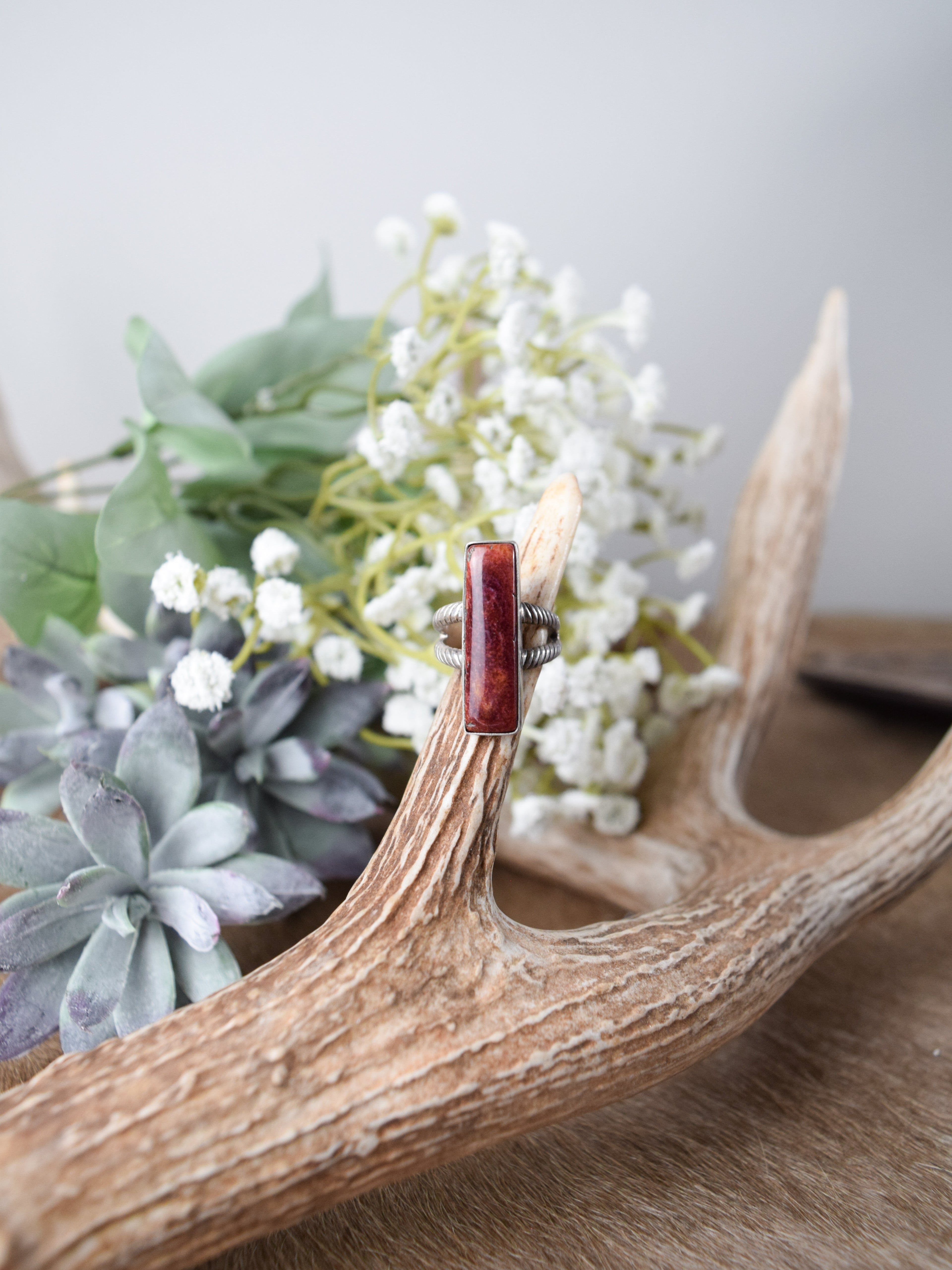 The Ashton Red Coral Rectangle Ring (Size 6)